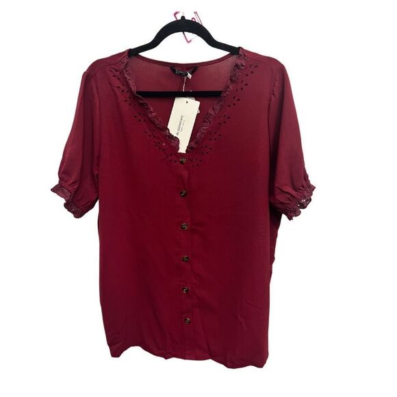 Bloomchic Laser Cut V-Neck Blouse Burgundy - Picture 2 of 7